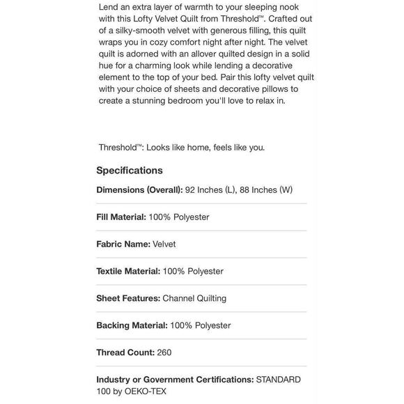 Threshold Lofty Velvet Quilt Dark Gold Full/Queen. 92”x88”. NWT - Picture 6 of 6